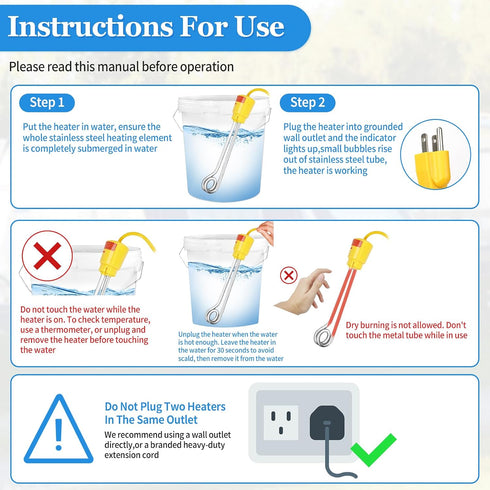 1000W Immersion 304 5 Swimming Water Heater, Portable Bucket Heater with Stainless Steel, for Teapot Water, Glass Pot