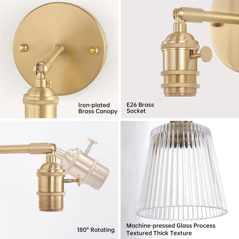 Shenmoyl Vintage Battery Operated Wall Sconce with Transparent Stripe Glass Lampshade Rechargeable Battery Powered Wall