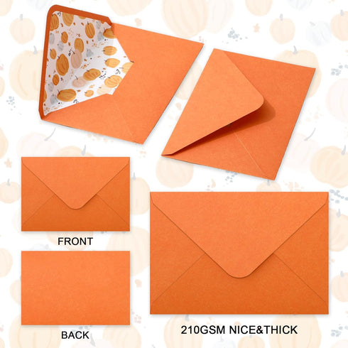 Whaline 50Pcs Fall Invitation Envelopes, Orange Pumpkin Greeting Card Holders with Stickers, V-Flap Envelopes Gift Card