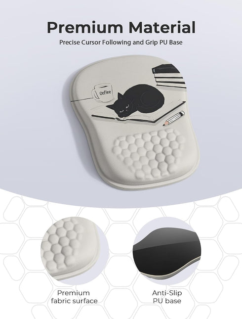 ORIENWEEDA 65% Ergonomic Mouse Pad with Cute Black Cat Design, for Carpal Tunnel Pain Relief, Usable Mouse Area, Memory