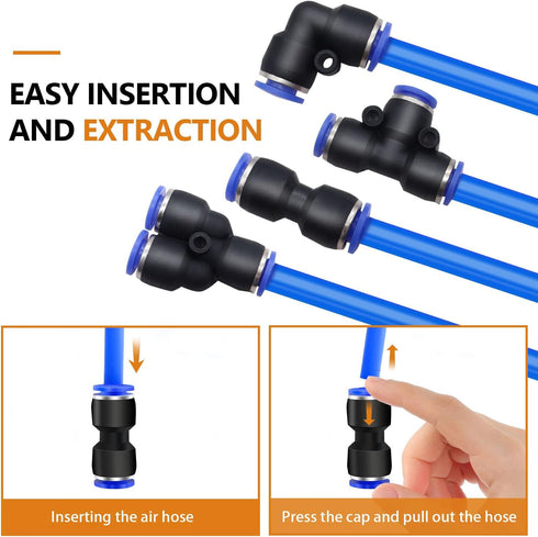 Quick Connect Air Hose Fittings, 1/4”OD Push to Connect Fittings Pneumatic Kit (15 Splitters, 15 Elbows, 15 Tee, 15