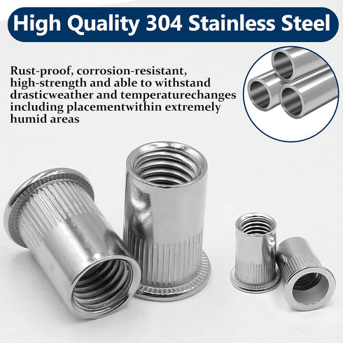 Vifmy Kit(300 M3 M4 M5 M6 M8 M10 M12#8-32#10-24 1/4"-20 5/16"-18 3/8"-16 304 Set Metric & SAE Rivet Nut Assortment