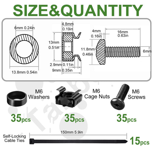 120Pcs M6 x 16mm Rack Mount Cage Nuts, Screws, Washers, and Self-Locking Cable Ties for Server Cabinets
