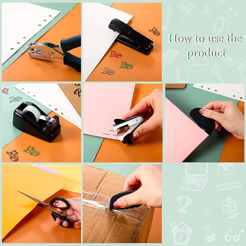 Black Desk Accessory Kit, Includes Desktop Stapler, Stapler Remover, Hole Punch, Tape Dispenser, Scissors (7 Pcs)