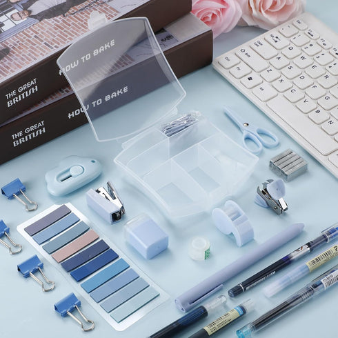 Mini Office Supply Kit, Includes Stapler, Tape Dispenser, Staple Remover, Paper Clips, Scissors, Note, Small Telescopic