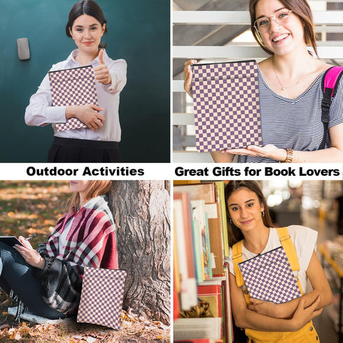 Purple Plaid Book Sleeve, Vintage Checkered Waterproof Book Cover with Front Pocket for Book Lovers Gifts for Women