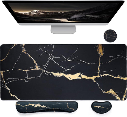 Bloss Gaming Mouse Pad Set, Non-Slip Desk Pad + Keyboard Wrist Rest + Mouse Wrist Support + Cup Coaster, Black Marble