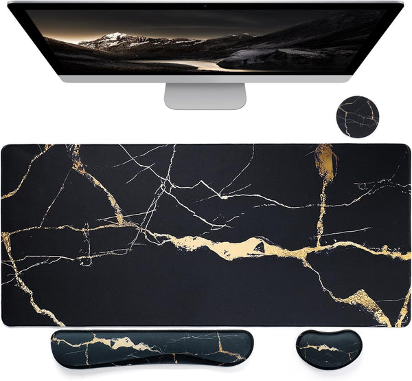 Bloss Gaming Mouse Pad Set, Non-Slip Desk Pad + Keyboard Wrist Rest + Mouse Wrist Support + Cup Coaster, Black Marble