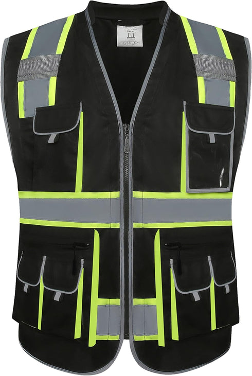 JKSafety Hi-Vis Zipper Front Black Safety Vest, 10 Pockets, Cushioned Collar, Meets ANSI/ISEA Standards