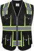 JKSafety Hi-Vis Zipper Front Black Safety Vest, 10 Pockets, Cushioned Collar, Meets ANSI/ISEA Standards
