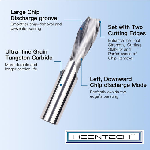KEENTECH CNC Spiral Router Bit, 2 Flute Down Cut, 3/8" Shank, 3/8" Cutting Diameter, 1-1/4" Cutting Depth, Solid