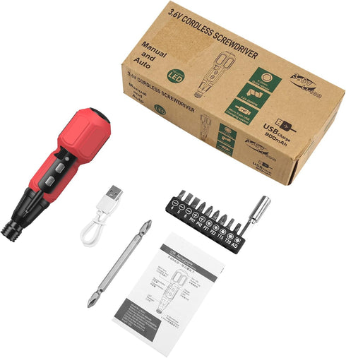 AMIR Cordless Screwdriver Set, Rechargeable Electric Tool Kit with USB Cable and LED Lights, Red