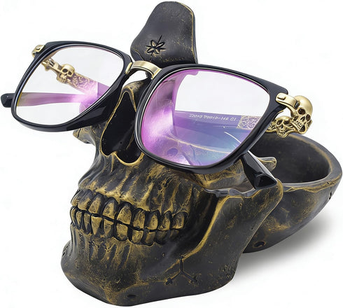 VIPbuy Skull Glasses Holder Stand with Storage Tray Novelty Eyeglass Holder Rack for Nightstand, Resin Skull Head