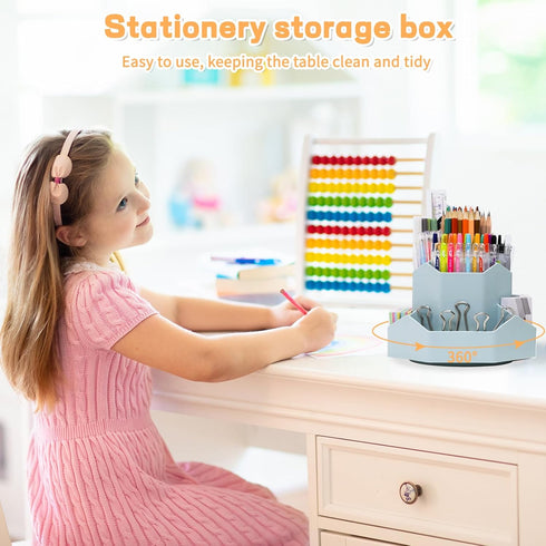 Desk Pencil Pen Holder, 9 Slots 360 Degree Rotating Organizer, Cute Storage Cup for Office, School, Home (Blue)