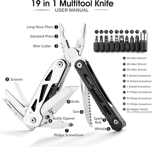 THE FRONT 19 in 1 Multitool Pliers with Detachable Scissors, Camping Tactical Knife Gift for Men