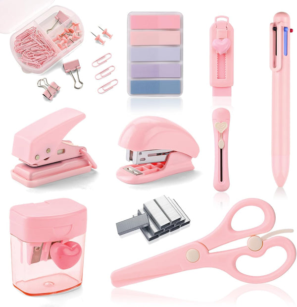 Pink Mini Office Supply Kit, Mini School Supplies Set, Includes Mini Stapler, Scissor, Paper Clips