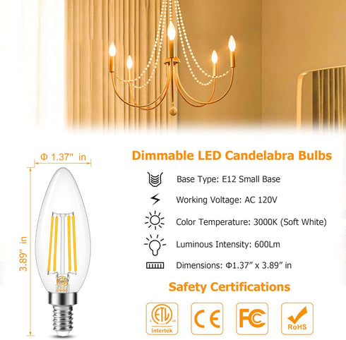 Cotanic E12 LED Bulb Dimmable 3000K Soft White, LED Candelabra Bulbs 60Watt Equivalent, Small Base Type B Light Bulbs, Candle Shape Chandelier Light Bulbs Clear Glass, 600LM, 10 Pack by Cotanic