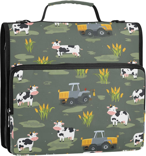 ALAZA 3 500 Ring Zipper Binder Rustic Milk Cow Truck Binders Bag with Shoulder Strap Sheets Paper Organizer Trapper
