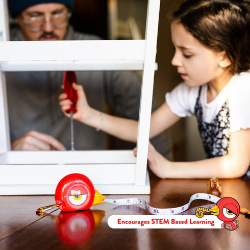 Famm 8ft 3+ Handy Red Bird Tape Measure for Kids STEM Educational Tool with Level, Protractor, Retractable Design - DIY