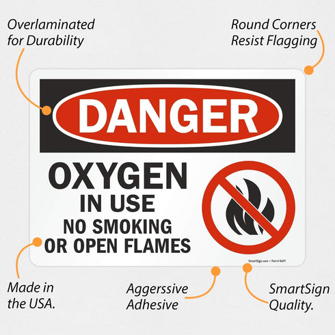 SmartSign U9-1266-ND_10x14 "Danger - Oxygen In Use, No Smoking Or Open Flames" Label | 10" x 14" Vinyl Black/Red on