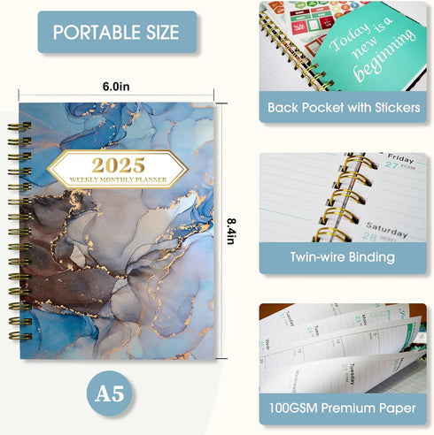 Ymumuda 2025 Planner - JAN.2025 - DEC. 2025, 12-Month Academic Planner, 8.4" X 6", Spiral Bound, Blue Marble