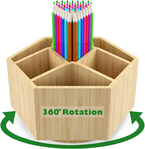 Bamboo Art Supply Organizer, Rotating Holder for 350+ Pencils, Desktop Storage Caddy for Classroom