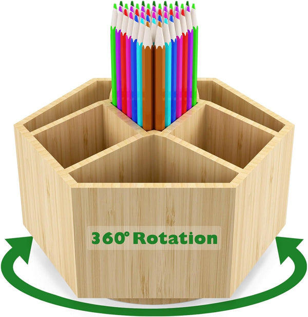 Bamboo Art Supply Organizer, Rotating Holder for 350+ Pencils, Desktop Storage Caddy for Classroom