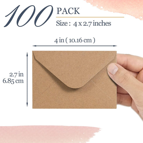 Gift Card Envelopes, 100 Count Mini Kraft Paper Business Card Envelopes, Tiny Envelope Pockets for Small Note Cards