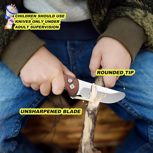 HEDGE-C01 Kids Pocket Knife Wooden Non-slip Handle Trainer Pocket Knife with Safety Blade - Not Sharpened & Rounded