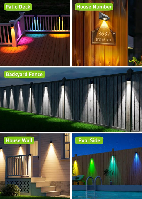7 8 Pack Solar Fence Lights Outdoor Waterproof High Brightness LED Spot Lens Deck Lights Mode Warm & Cool White RGB