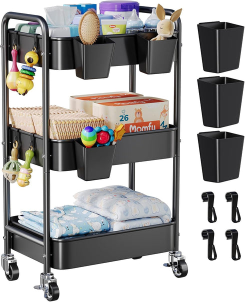 Aofure Baby Diaper Caddy Organizer and Storage, 3 Tier Rolling Cart with Wheels