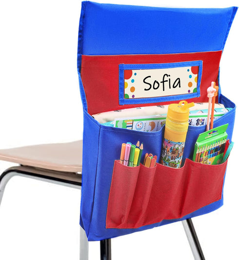 School Seat Chair with Storage Pocket Organizer, Multiple Pockets for Home, Classroom, Preschool (Red+Blue)