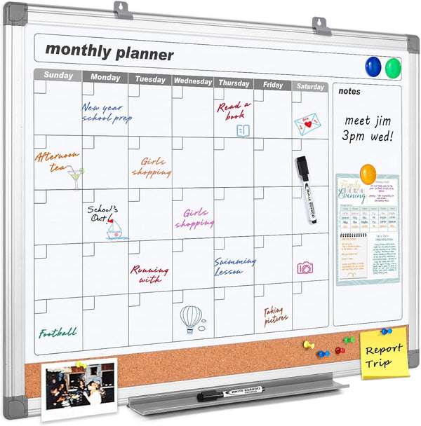 MAKELLO Dry Erase Calendar for Wall, Whiteboard Calendar with Cork Board for Office, Home, School, Family, Kitchen,