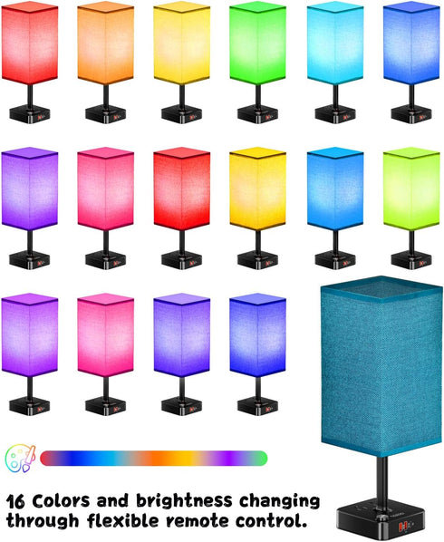 3 2 Bulb Dimmable, Bluetooth/WiFi RGB & USB Bedside Table Lamp with USB Charging Ports Outlets Power Strip, LED Light