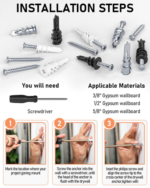 INCLY 200PCS #8 Drywall Anchors Kit, Self Drilling, 100 Zinc Metal & Plastic Dry Wall Anchors and 100 Philips Screws