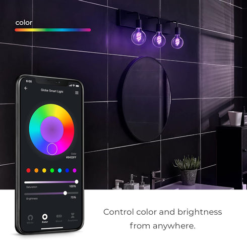 Globe Electric 35851 Wi-Fi Smart 7W (60W Equivalent) Spiral Filament Multicolor Changing RGB LED Light Bulb, No Hub