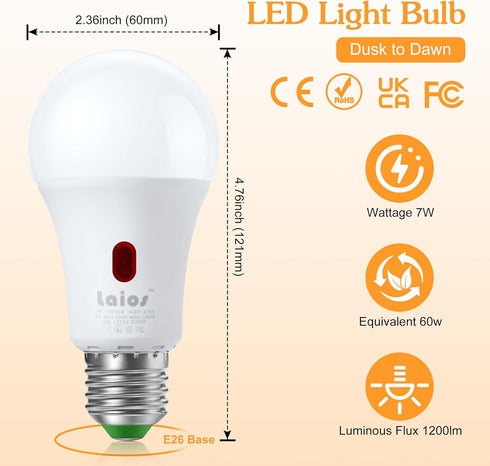 Laios E26 Bulb, 7W Bulb, 1200lm 60W,Daylight(5000K), Pack 4 Dusk to Dawn Sensor Light LED Outdoor Photocell Lighting