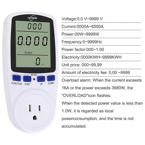 YICHENG Electrical Usage Monitor, Watt Meter, Power Meter Tester with Overload Protection and 7 Modes Display
