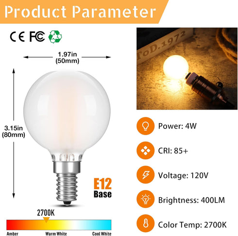 G16.5 Bulb 40w 4W Bulb,Dimmable E12 Bulb,Round Bulbs 2700K 400LM,Pack 6 LED Light Equal Type G Frosted Globe Candelabra