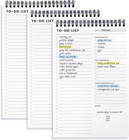 To Do List Notepad 3 Pack, 6.5 x 9.8" 60 Sheets Spiral Daily Planner Notebook for Work, Note and Todo Organization