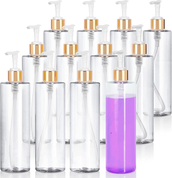 JUVITUS 8 oz Clear Cylinder PET Bottles with Gold Lotion Pump, 12 Pack