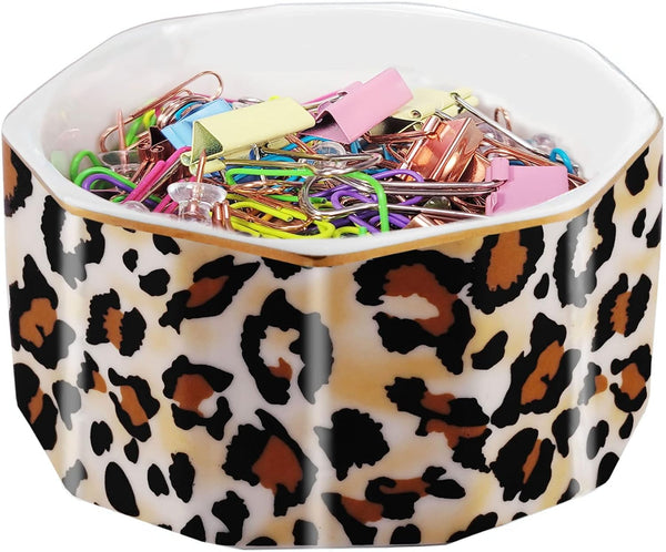 Ceramic Paper Clip Holder - Gold Line Paper Clip Dispenser Organizer for Desk, Cute Leopard Office Binder Clip Holder