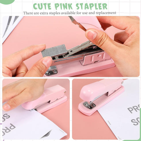Office Supplies Set Desk Accessory Kit, Includes Stapler, Tape Dispenser, Clips, for Women Christmas Gift (Pink)