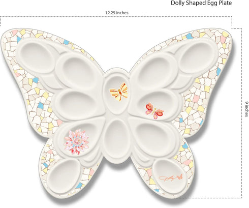 12 12.25 Inch Dolly Parton Jeweled Mosaic Butterfly Figural Deviled Egg Platter Dish, Ceramic Egg Holder Plate, Hole
