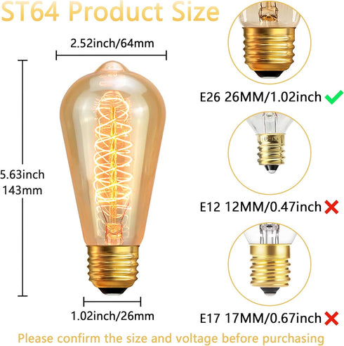 Sevici ST64 Bulbs 110V 40W Bulbs 6 Pack,Amber 240LM,E26 2200K Dimmable Bulb Incandescent Light Edison Vintage Base