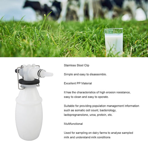 Miriam Song 500ml Milk Sampling Bottle - PP Easy Cleaning Dairy Sampling Container with Stainless Steel Clip