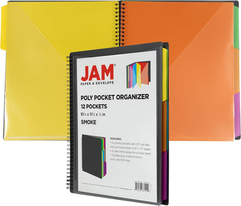 JAM PAPER Plastic Multi Pocket Folder, 12 Pocket Organizer with Zipper Pouch, Smoke Grey with Colorful Tabs