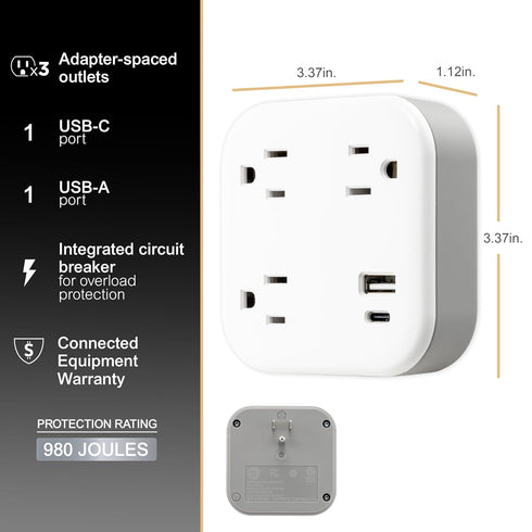 GE UltraPro 3-Outlet Surge Tap with USB, Outlet Extender, 1 USB-A, 1 USB-C, Adapter Spaced for Home or Office
