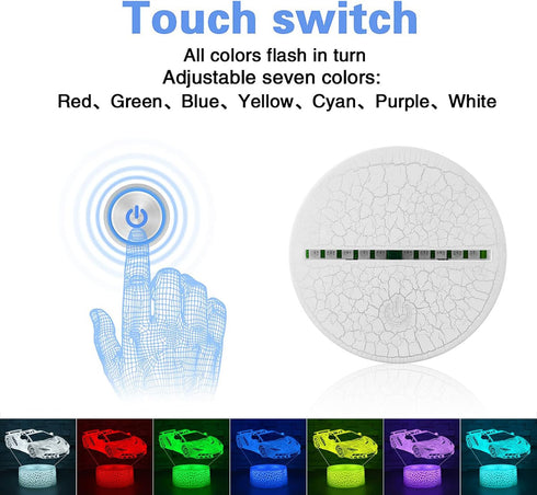 3D 16 Dimmable i-CHONY Sport Car Night Light,Race Car Optical Illusion Lamp,with Remote & Smart Touch Colors Bedroom