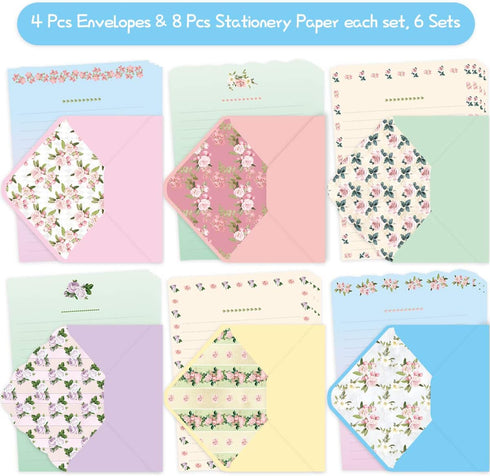 Ceiba Tree Cute Floral Stationery Paper, 48 PCS Lined Matching Envelopes, Double Sided for Invites